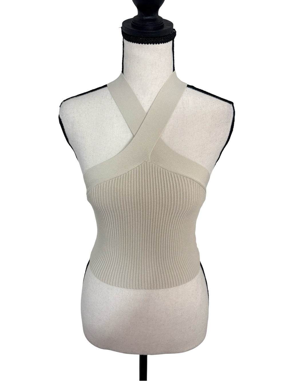 Babaton Sculpt Knit Cross Halter Tank Top Cream XS